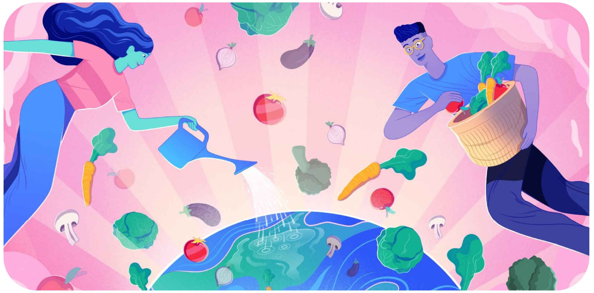 Ilustración editorial de colaboradores y alimentos sustentables